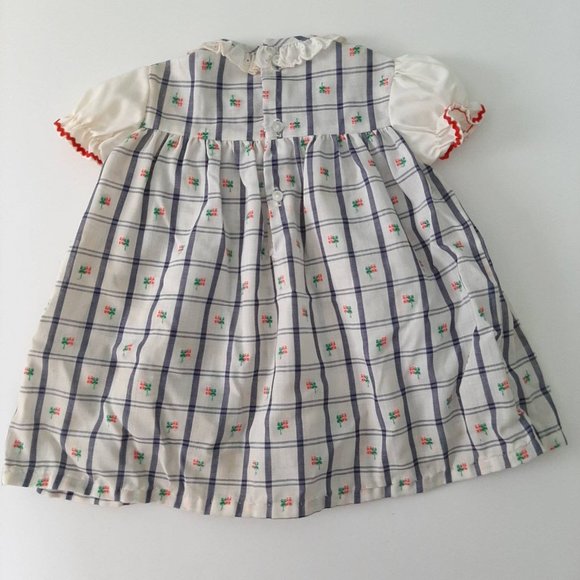 Vtg Blue Embroidered RW&B Picnic Plaid Dress Summer Playsuit w Matching Hat - Picture 3 of 10